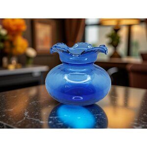 Vintage Cobalt Blue Ruffle Edge Top Globe Style Vase